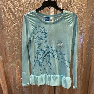 Disney Light Blue Elsa Glitter Long Sleeve Top with Ruffle Hem NWT